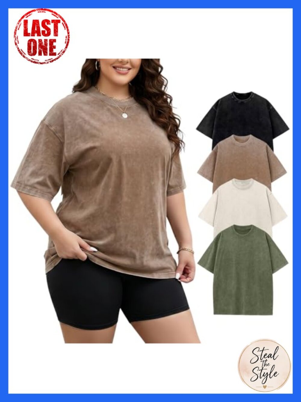 Plus Size Oversized Acid Wash Cotton T-Shirt Crew Neck Short Sleeve